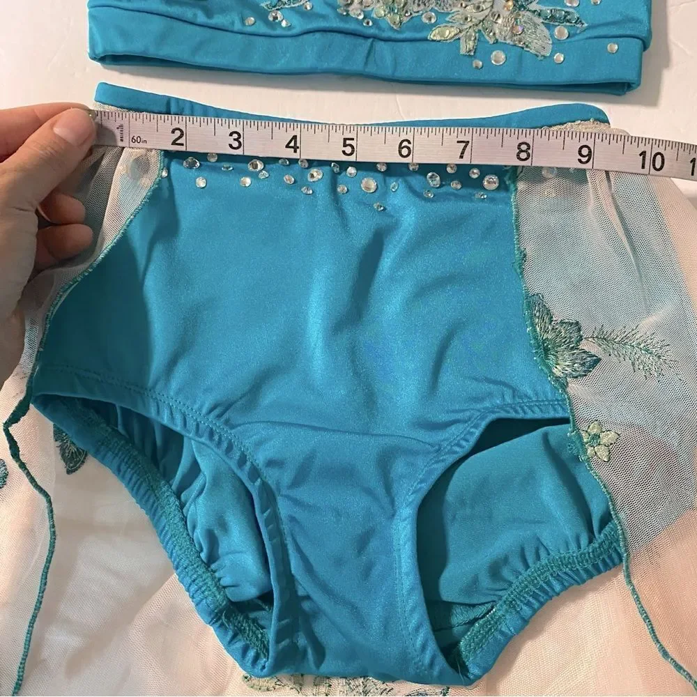 Solo custom dance costume 2 piece teal lyrical  rhinestoned embroidered MC child